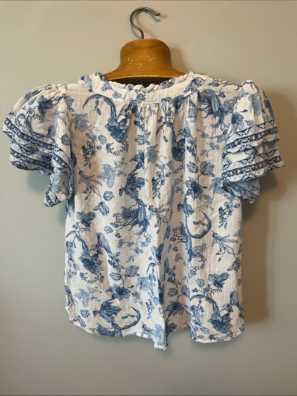 Laura Ashley Blue and White Floral Ruffle Sleeve Top - Picture 5 of 5